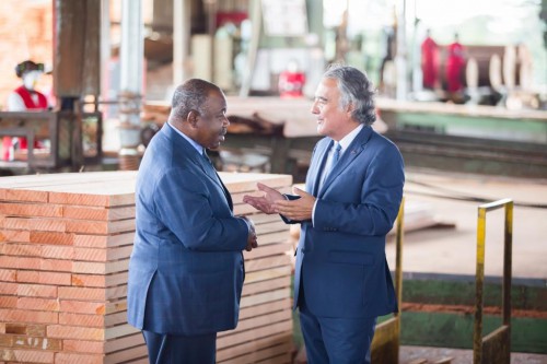  Ali Bongo échangeant avec Francis Rougier, le PDG de Rougier S.A sur le site de la scierie de Mevang